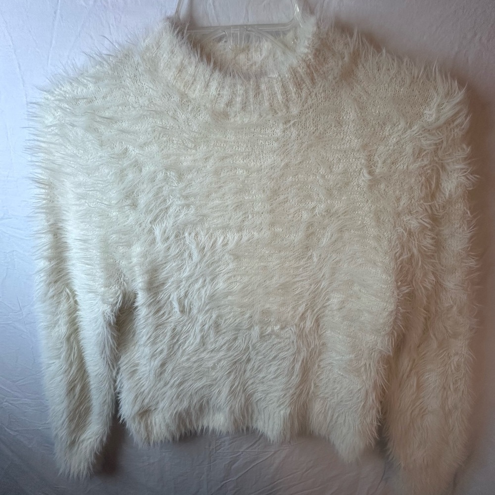 Future Collective Fuzzy Eyelash Knit Sweater Cream Cozy Soft Small